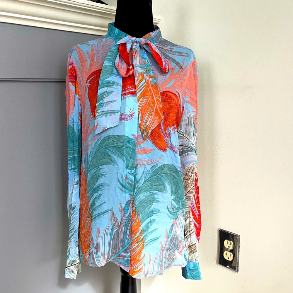Reiss Women's Size 2 Feather Print Blouse Top Long Sleeve Tie Neck Shirt